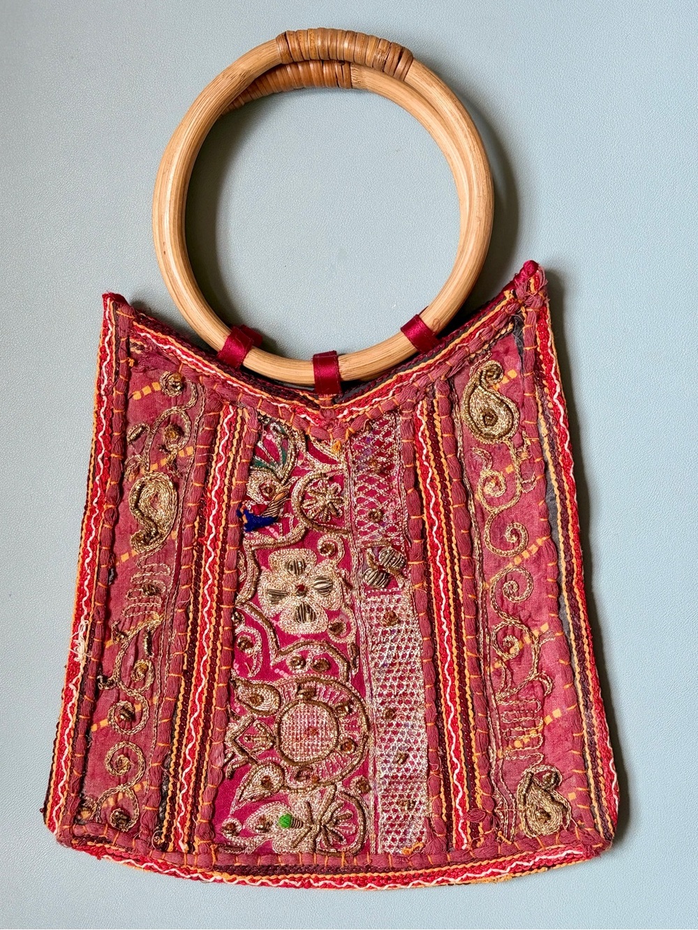 Indian Banjara Boho Handbag Embroidered Antique Textile Bag Bamboo Handled Tote